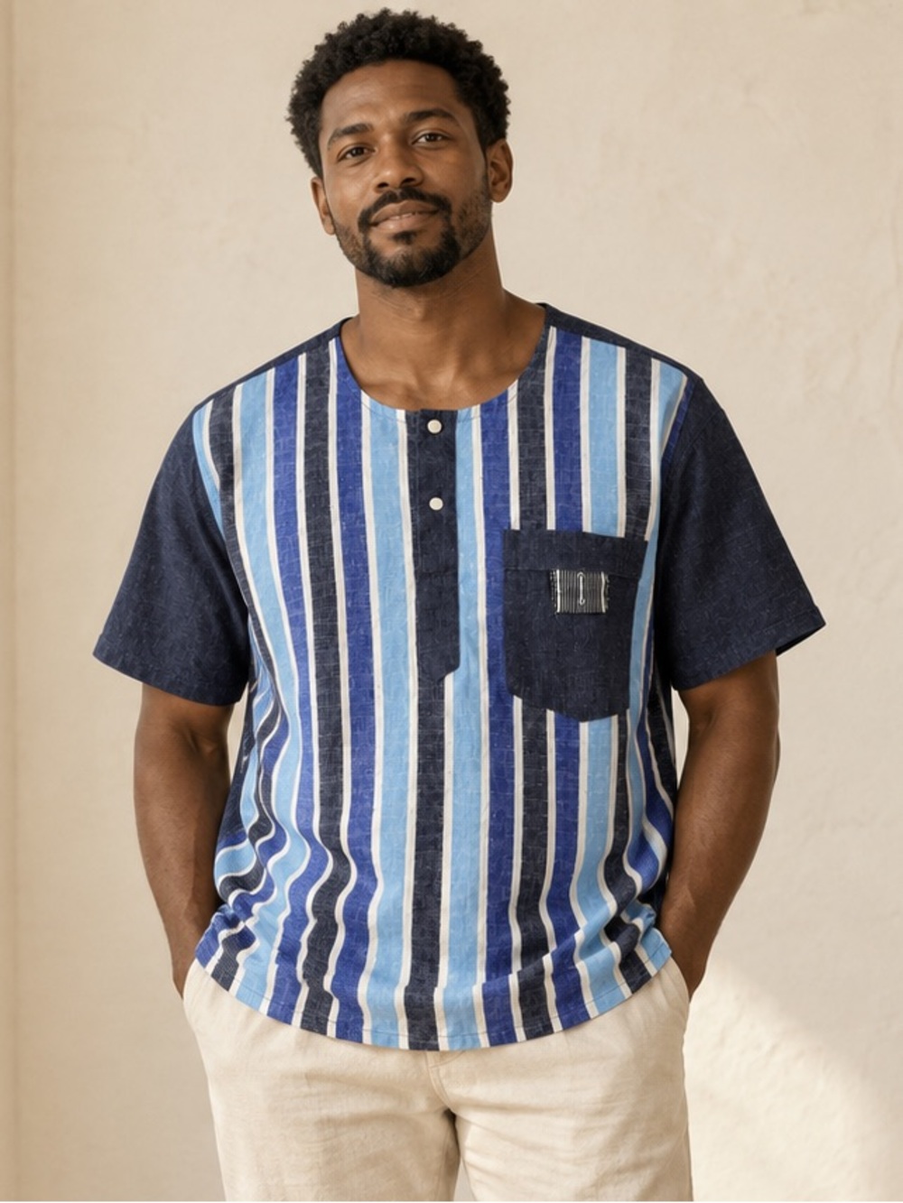 Handmade in Togo African Men’s Blue Striped Tunic Shirt Fits Medium